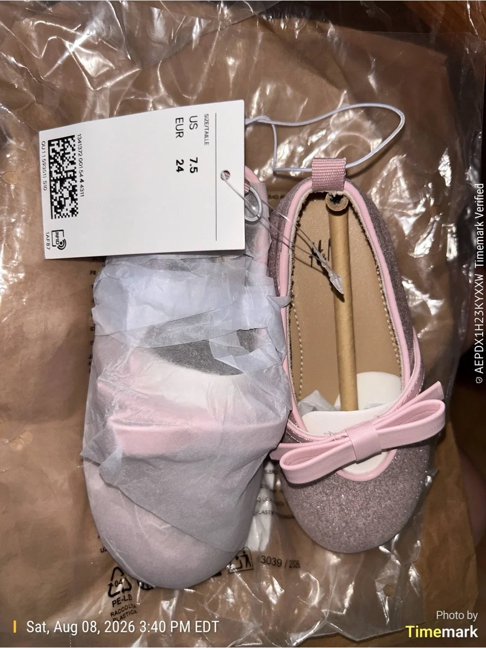 H&M Girls' Light Pink Glitter Mary Jane Flats with Bow